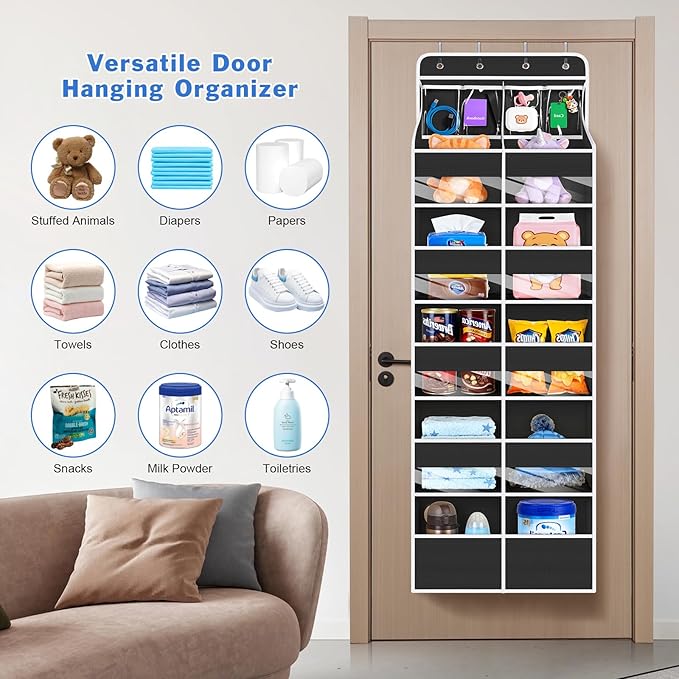 Univivi 6-Shelf Over Door Hanging Organizer Fabric Door Storage for Baby Nursery Nursery Closet Cabinet Wall Mount Hanging Storage Organizers with 10 Deep Pockets and 4 Small PVC Pockets(Black)