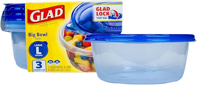Glad GladWare Big Bowl Food Storage Containers, Large Round Bowl Holds 48 Ounces of Food - Glad Food Storage Containers for Everyday Use to Preserve Freshness, 3 Count