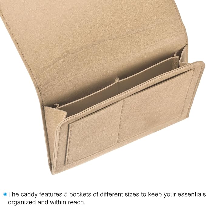 PATIKIL 11in Bedside Caddy, Bed Caddy Bedside Organizer Hanging 5 Pocket Soft Felt Bed Pockets Bedside Storage Organizer Remote Control Holder for Bedroom Phones Glasses, Beige