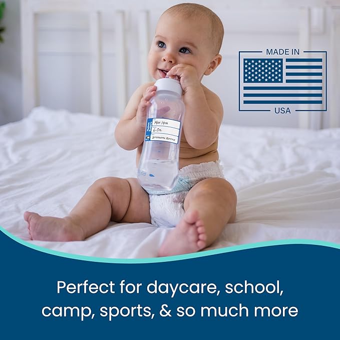 Name Bubbles - Reusable Baby Bottle Labels for Daycare (20 Labels) - Kids Washable Name Tags for Bottles, Sippy Cups, & Snack Containers, Waterproof, Baby Name Stickers, Write-On (Basketball Icon)
