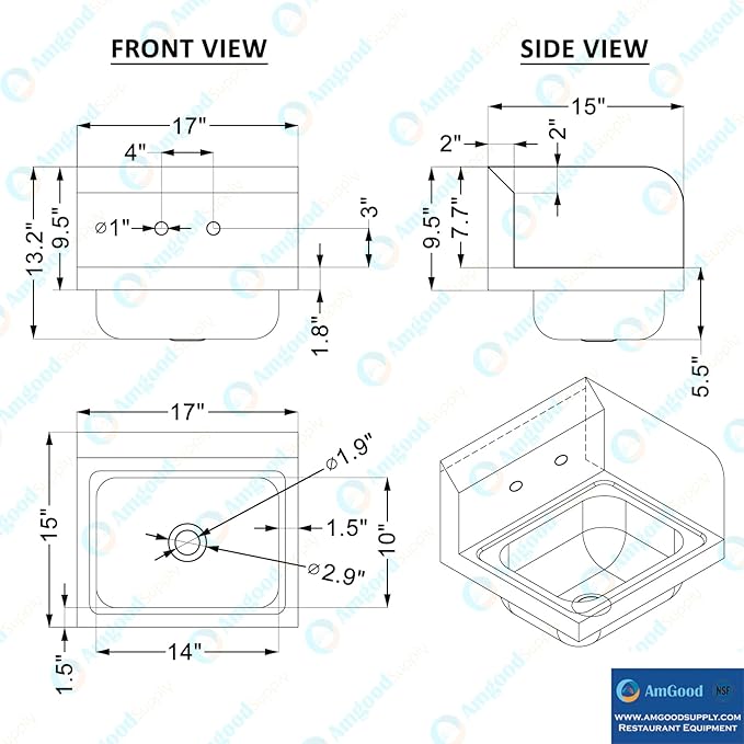 AmGood Stainless Steel Wall Mount Hand Sink with Faucet and Right Sidesplash 17" x 15" | NSF Commercial Hand Washing Basin For Restaurant, Kitchen and Home | Bowl Size: 10" x 14"