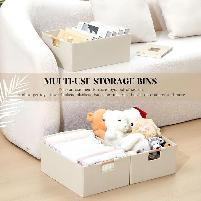 3 Pack Fabric Storage Bins for Closet Shelves, Rectangle Wardrobe Organizer with Handle, Collapsible Shelves Storage Basket for Sorting Clothes and Toy (Beige,15 x 10.6 x 6 Inch)