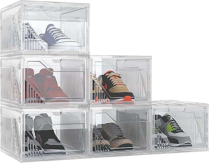 AWTATOS Shoe Boxes, 6 Pack Shoe Storage Organizers, Plastic Stackable Shoe Rack, Sneaker Containers, Toy Storage Bins for Entryway, Closet, Under Bed, Clear
