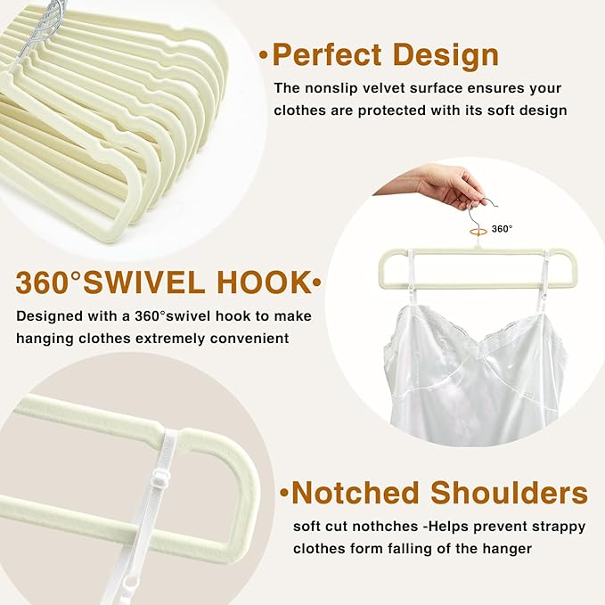 60 Pack White Velvet Pants Hangers with 60 Hooks Non Slip, Felt Trouser Hanger for Closet, Thin Space Saving Clothes Hanger, Strong, Durable, 360 Degree Rotatable Hook for Tank Top, Shorts