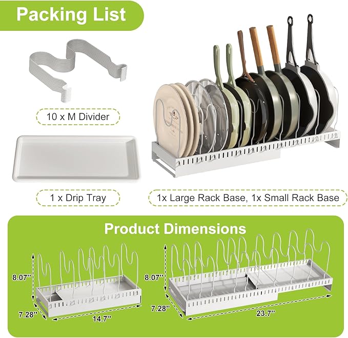Pots and Pans Organizer Under Cabinet with Drain Board, Expandable Pot Lid Organizer inside Cabinet Holder with 10 Adjustable Compartment, Rack for Cutting Board, Sheet Pan, Cookware, White