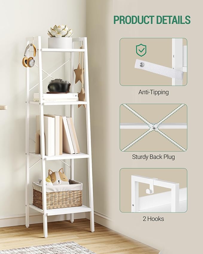 Ladder Shelf, Bookshelf Bookcase, Freestanding Corner Storage Shelve with 2 Hooks for Home Office, Living Room, Kitchen, Bedroom, Industrial, 4-Tier White BC13213W