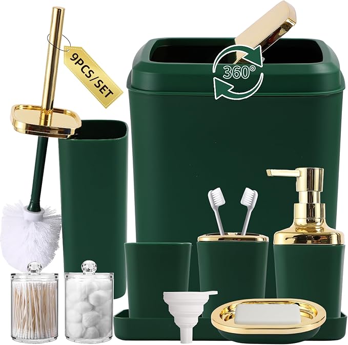 Bathroom Accessories Set, Green Bathroom Set, Dark Green Bathroom Accessory Set with Trash Can, Soap Dispenser, Soap Dish, Toothbrush Holder and Q-tip Holders