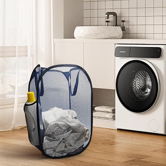 The upgraded pop-up laundry basket features a breathable side pocket mesh design, making it ideal for rooms, apartments, dormitories, travel, business trips, and children's storage(2, Dark blue)