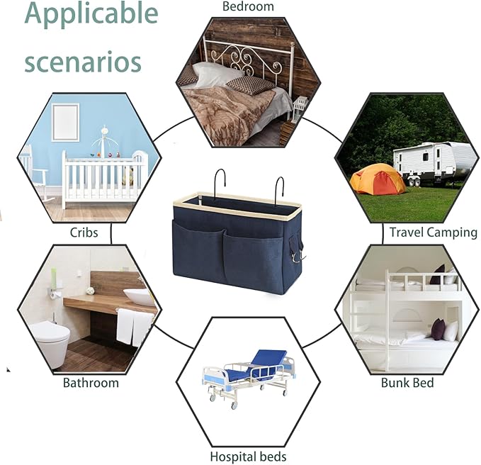 Someteth Bedside Caddy Bedside Hanging Storage Basket Multi-Function Organizer Caddy for Bunk and Hospital Beds Dorm Rooms Bed Rails, Can be Placed Glasses Books Mobile Phones（2pc Navy Blue）