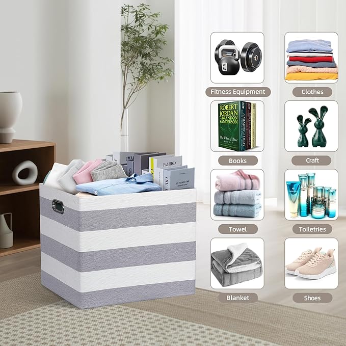 13x15x13 Storage Cube Bins, Foldable Storage Cubes, Fabric Organizer Basket Bin, Striped Containers Decorative Storage Boxes for Shelves Wardrobe Closet Home Office, 4 Pack, Gray/White