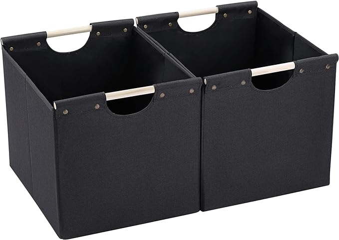 HOONEX Large Collapsible Storage Bins, Linen Fabric, Pack of 2, Storage Baskets with Wooden Carry Handles and Sturdy Heavy Cardboard, for Home, Office, Car, Nursery, Black