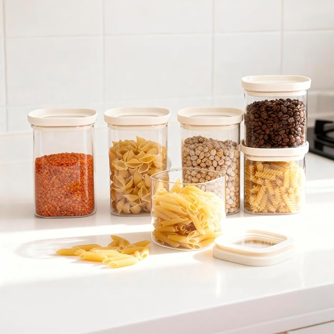 Urban Green Glass Food Storage Jar with Glass Lid in Square Shape, Food Canister Set with Airtight Lids, Pantry Jars for Kitchen Organization, Food Storage Containers in Set of 6