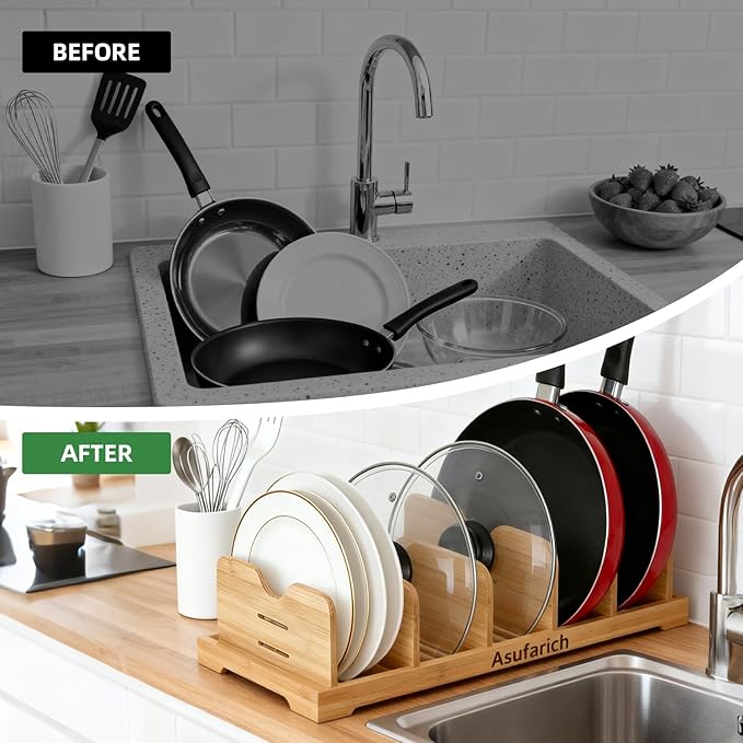 Pots and Pans Organizer Under Cabinet, Cutting Board/Baking Sheets Storage Rack, Adjustable Bamboo Pot Lid Holder, Pot Lid Organizer Inside Cabinet, Pot and Pan Organizers(Natural)