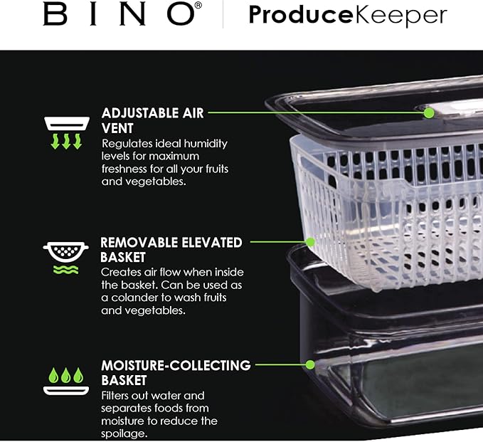 BINO | Produce Saver - 6.8 Cup/1.6L | Fridge Storage Containers for Fruits and Vegetables | Adjustable Air Vent, Removable Basket | BPA-Free Fridge Organizers