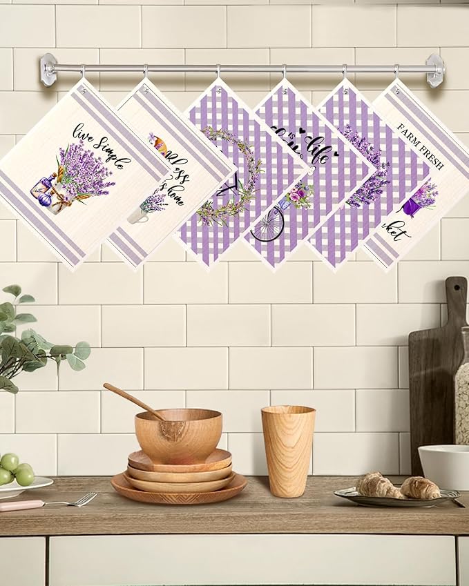 Kitchen Swedish Dishcloths with Hooks - 6 Pack Reusable Dish Cloths for Washing Dishes Fast Drying Cute Fun Swedish Dish Towels Washable Cleaning Sponge, Bicycle Lavender