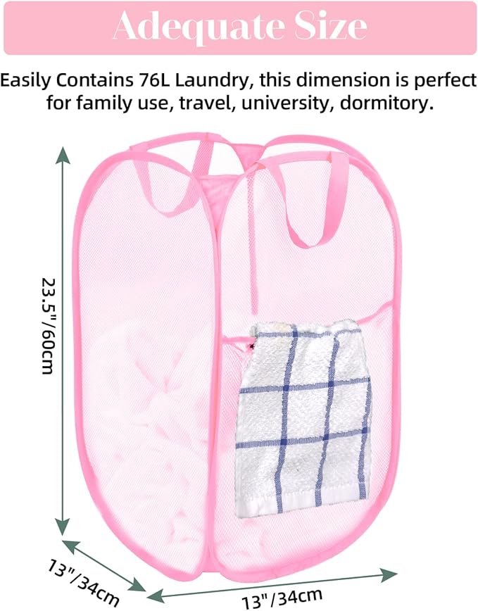 Durable Collapsible Laundry Baskets - Reinforced Mesh Pop Up Laundry Hamper with Pocket, Foldable Dirty Clothes Hamper with Carry Handles for Laundry, Bathroom, Kids Room, Dorm or Travel Pink+Grey