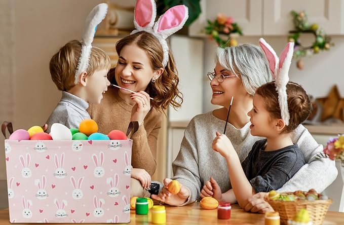 Rectangular Pink Bunny Easter Gift Basket,Pink Storage Basket with Handles,Toys/Books Box,Room Decor(Bunny)