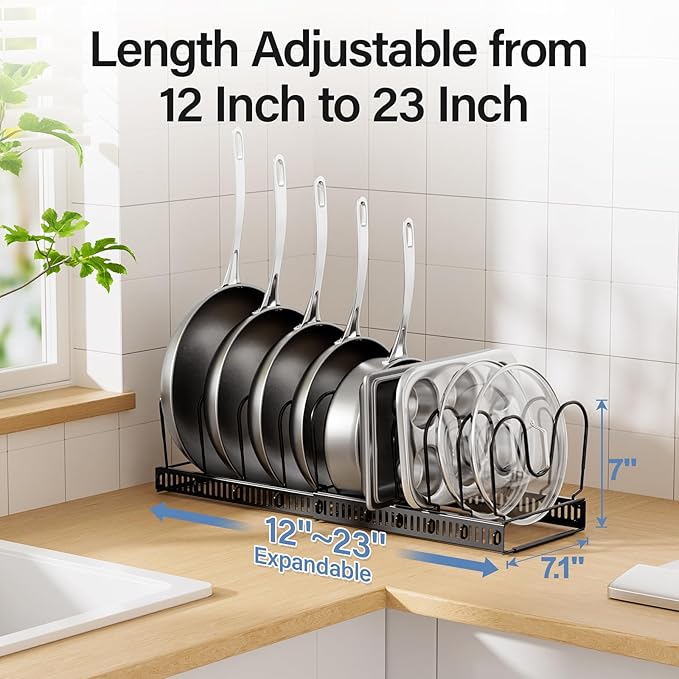 ORDORA Pots and Pans Organizer under Cabinet with Pot Lid Organizer, Expandable Rack for Pan and Pot Organizers Inside Cabinet, 12"-23" Adjustable with 10 Dividers for Kitchen Organization, Black