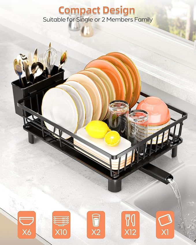 Dish Drying Rack for Kitchen Counter, Stainless Steel Drainer Anti Rust, Smart Drainage System Drainboard with Detachable Cutlery Holder, Handwash Dish Helper for Home, Apartment Space Saving