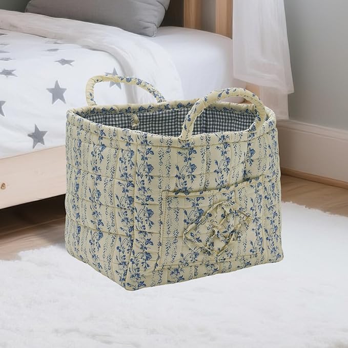 Quilted Fabric Storage Basket with Handles & Pocket, Foldable Laundry Hamper Boho Floral Print Organizer Bin for Home, Picnic, Office 12"x10"x10" (B-5)