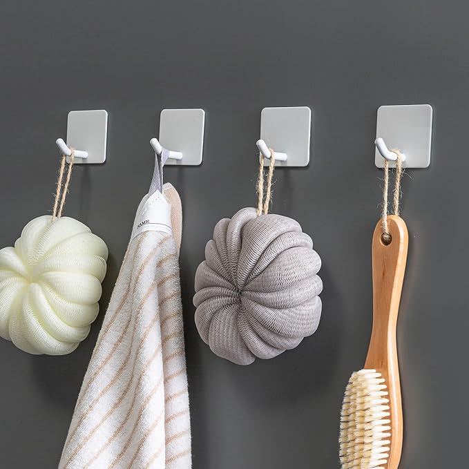 FOTYRIG Adhesive Towel Hooks Heavy Duty Stick on Towel Holder Wall Hangers Waterproof Stainless Steel Sticky Hooks for Hanging White Bathroom Kitchen Home-4 Packs