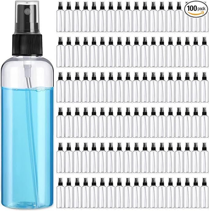 Kigley 100 Pcs Small Spray Bottle Bulk 4 oz Plastic Empty Mist Spray Bottles for Essential Oils Fine Mist Sprayer Reusable Refillable Portable Travel Containers for Perfume Cleaning Samples(Clear)