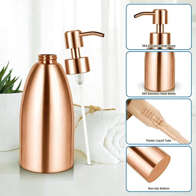 304 Stainless Steel Soap Dispenser 16oz Rust-Proof Liquid Soap Pump Bottle for Kitchen or Bathroom Countertop Hand Dish Lotion Leak-Proof (Rose Gold)
