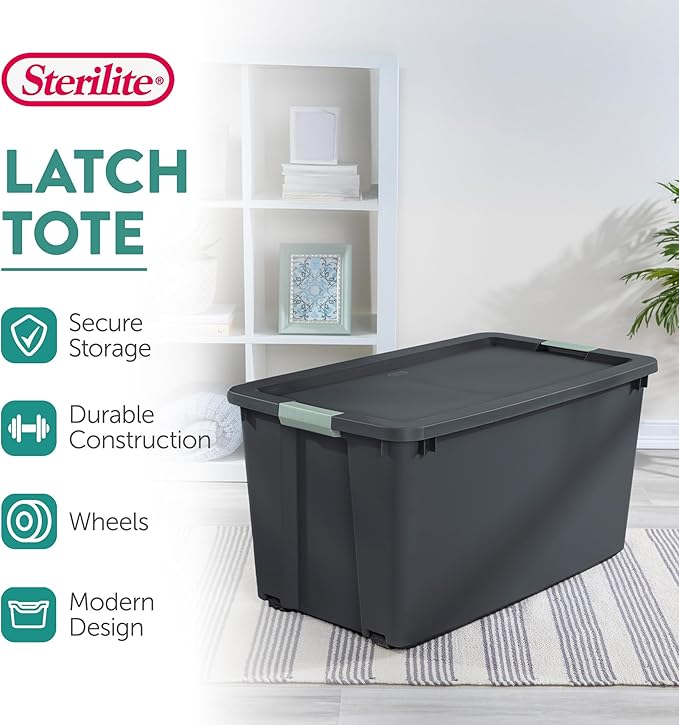 Sterilite 16 Pack 45 Gallon Wheeled Latch Tote, Stackable Plastic Storage Bin, Gray/Green