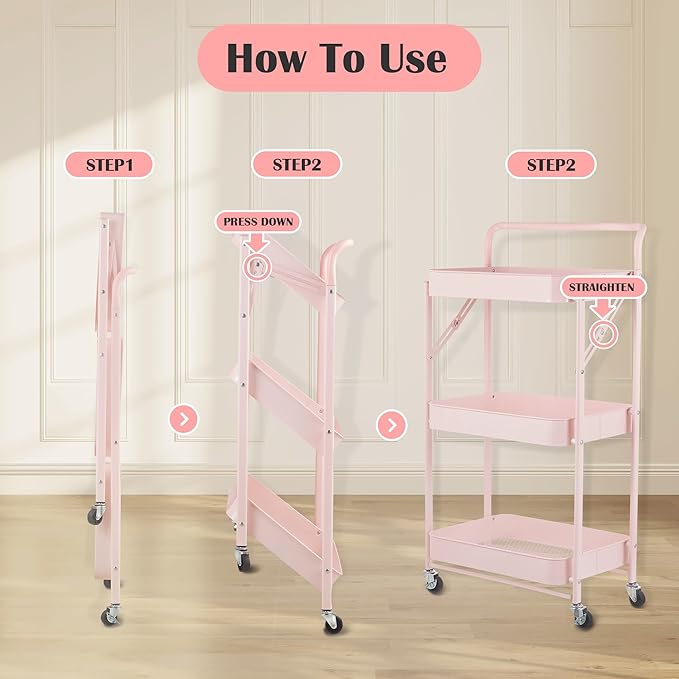 Pink Folding Storage Rack 3-Tier Mesh Storage Shelf Portable Closet Shelving Unit with 360°Removable Wheels for Kitchen/Living Room/Bathroom/Laundry Room/Pantry/Garage/(Max Load Capacity 200 lb)