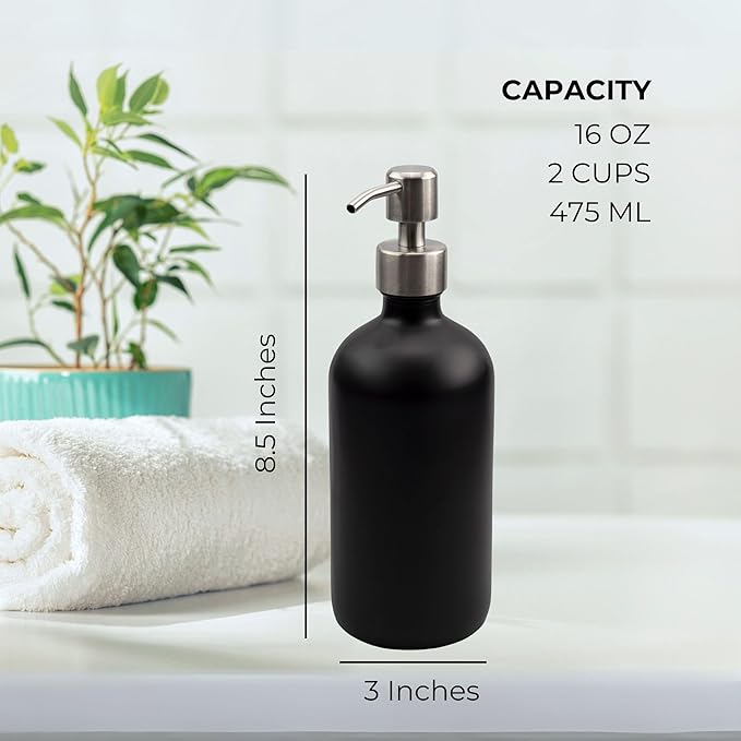 Cornucopia Brands 16oz Black Glass Bottles w/Stainless Steel Pumps (2-Pack); Black Coated Boston Round; Lotion, Hand Care & Soap Dispensers