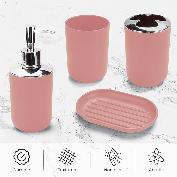 4 Pcs Pink Bathroom Accessories Set,Bohemian Bathroom Toothbrush Holder Set.Include Soap Dispenser, Soap Dish, Toothbrush Holder, Mouthwash Cup, Modern Bahtroom Decor Set