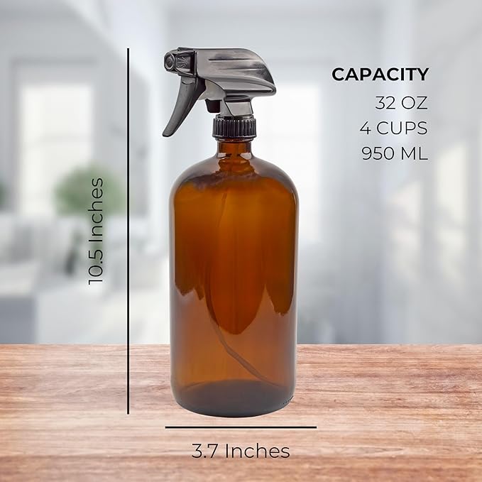 Cornucopia Brands 32oz Amber Glass Spray Bottles (Pack of 2) Brown Bottles w/ 3-Setting Trigger Sprayers; Includes Caps for Storage