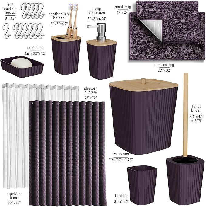 Clara Clark Bathroom Accessories Set - Bathroom Set, Bathroom Sets with Shower Curtain and Rugs, Shower Curtain Set with Trash Can - Purple - 22PC