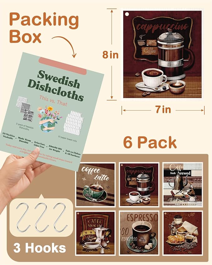 Kitchen Swedish Dishcloths with Hooks - 6 Pack Reusable Dish Cloths for Washing Dishes Fast Drying Cute Fun Swedish Dish Towels Washable Cleaning Sponge, Brown Coffee