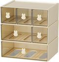 Desktop Storage Drawers, Plastic Desk Organizer with 6 Drawers, Modular Stackable Toolbox Units for Office Stationary, Makeup Container, Bathroom Countertop (3 Tiers, Cream & Clear)