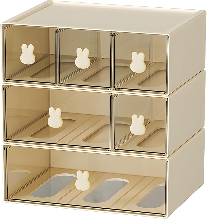 Desktop Storage Drawers, Plastic Desk Organizer with 6 Drawers, Modular Stackable Toolbox Units for Office Stationary, Makeup Container, Bathroom Countertop (3 Tiers, Cream & Clear)