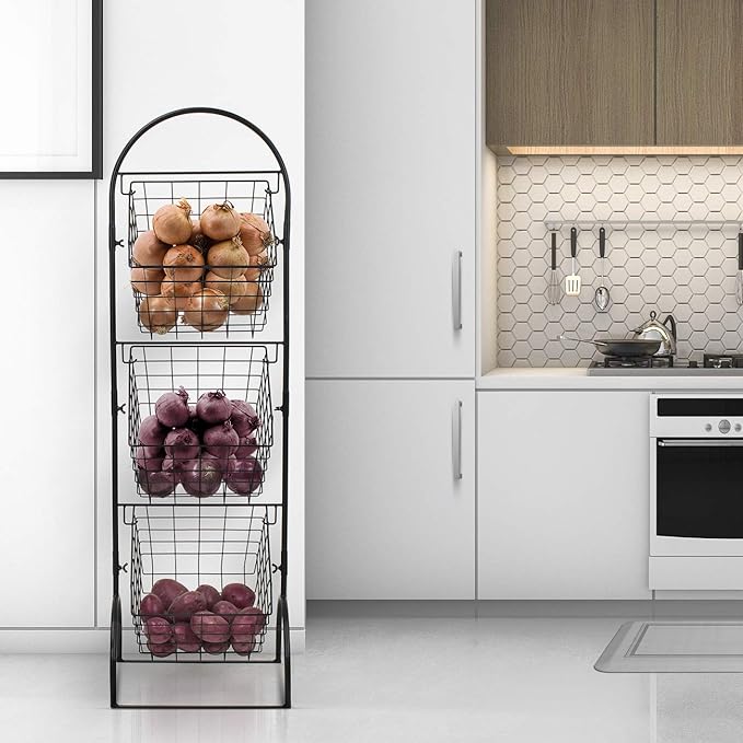 Sorbus 3-Tier Wire Market Basket Storage for Fruit, Vegetables, Toiletries, Household Items, Stylish Tiered Serving Stand for Kitchen, Bathroom Organization
