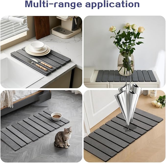 ODE TO ORDER 23.6 Inch Super Absorbent Diatomaceous Earth Mat for Bathroom, Dark Grey Easy Clean Rollable Foldable Stone Bath Mat, Non-Slip Quick Dry Shower Mat for Kitchen,Outdoor Use
