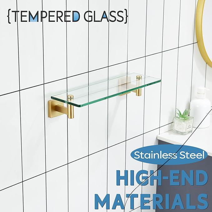 KOKOSIRI Wall Shelves Floating Shelf 16'' Gold Stainless Steel Bathroom Hardware Tempered Glass Hanging Rack Storage/Room Decor 2 Pack B1105BG-L16-P2