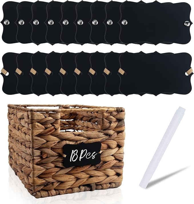 Temlum 18 Pcs Acrylic Basket Labels, Storage Tags with Chalk Marker Removable Label for Wire, Wicker, Woven Baskets & Pantry Storage (Wavy Shape 01, Black)