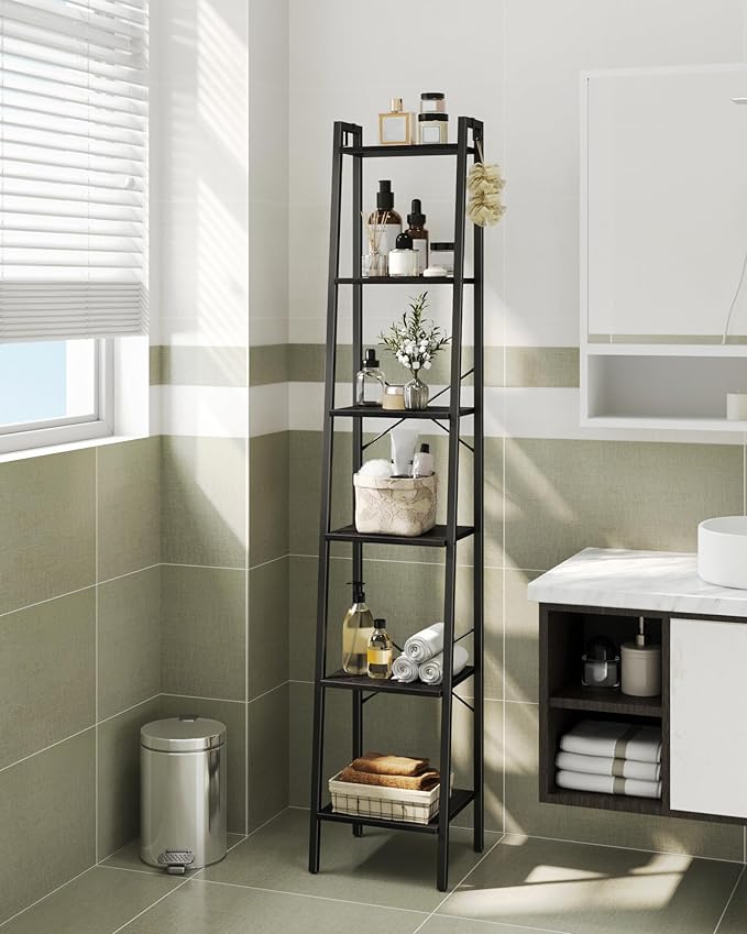 Ladder Shelf, Bookshelf Bookcase, Freestanding Corner Storage Shelve with 2 Hooks for Home Office, Living Room, Kitchen, Bedroom, Industrial, 11.8" D x 13.4" W x 72.8" H, Black BC13304B