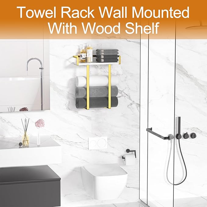 Towel Racks for Bathroom Wall Mounted, Metal Towel Holder with Wooden Shelf for Folding Large Towels, Towel Storage for Small Bathroom Organizer Decor or RV Camping,Golden