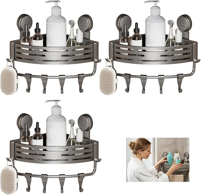 Triangle Suction Cup Shower Caddy, Corner Shower Caddy Suction Cup, 2-Tier Bathroom Organizer with Hooks & Towel Bar, Rust-Resistant, Heavy Duty Shower Corner Rack for Smooth Surfaces (Upgrade*3)