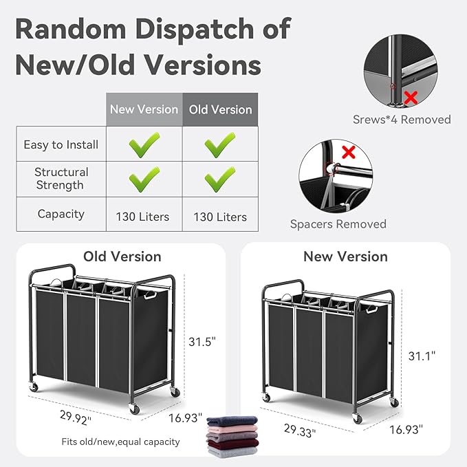 ROMOON Laundry Sorter Hamper 3 Section, Divided Laundry Basket Organizer with Heavy Duty Lockable Wheels and Removable Bags, Rolling Clothes Hamper for Apartment, Dorm & Family (130L Modern Black)