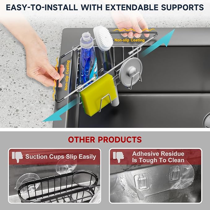 NiHome Extendable Arm Stainless Steel Kitchen Sink Corner Caddy, Easy Install Space-Saving Adjustable Sponge Holder for Most Square Standard Sinks, Non-Slip Rust-Resistant for Brushes, Soap, Sponges