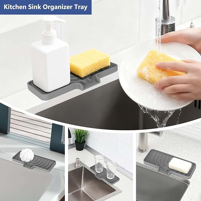 Silicone Sponge Holder for Kitchen Sink With Drain Spout, Self Draining, 10×4 inch Kitchen Soap Tray, Bathroom Organizer, Sink Caddy, Perfect for Dispenser, Scrubber, Bottle, Cup on Counter (Gray)