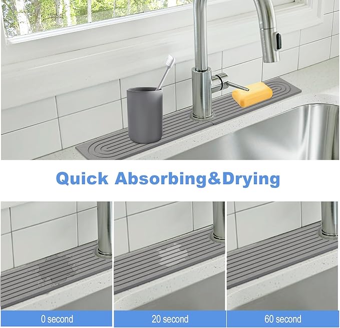 Stone Faucet Mat for Kitchen Sink- 15.6''x 3.9''Diatomite Fast-Drying Faucet Mat, Super Water Absorbing Stone Tray for Sink,Faucet Splash Guard for Bathroom Counter (Dark Gray)