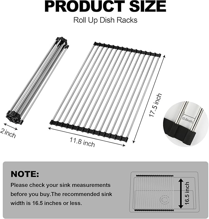 NEZUIBAN Dish Drying Rack with Roll Up and Over Sink for Kitchen,17.5"x11.8",Black