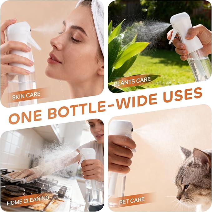 2Pcs Continuous Spray Bottle For Hair,Ultra Fine Refillable Water Mister for Hair Styling, Plants, Cleaning, Salon, Misting & Skin Care（200ml/6.8oz Clear） (200ML 2PACK)