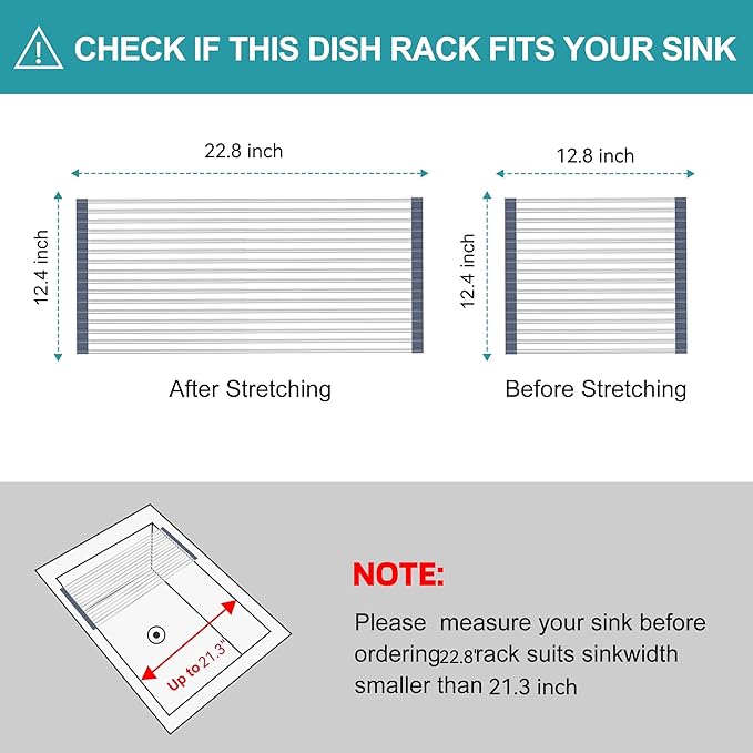 BBXTYLY Extra Large Expandable Roll Up Dish Drying Rack,Over The Sink Drying Rack Sink Cover Kitchen Sink Accessories Kitchen Rolling up Stainless Steel Drainer, Foldable,Rollable（Gray，25.1''-12.4''）